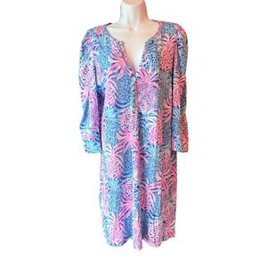 Lilly Pulitzer Pineapple Print Cotton Dress Women's Medium Blue Pink Shift‎